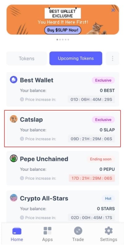 เข้าไปยังเมนู ‘Upcoming Tokens’ ใน Best Wallet