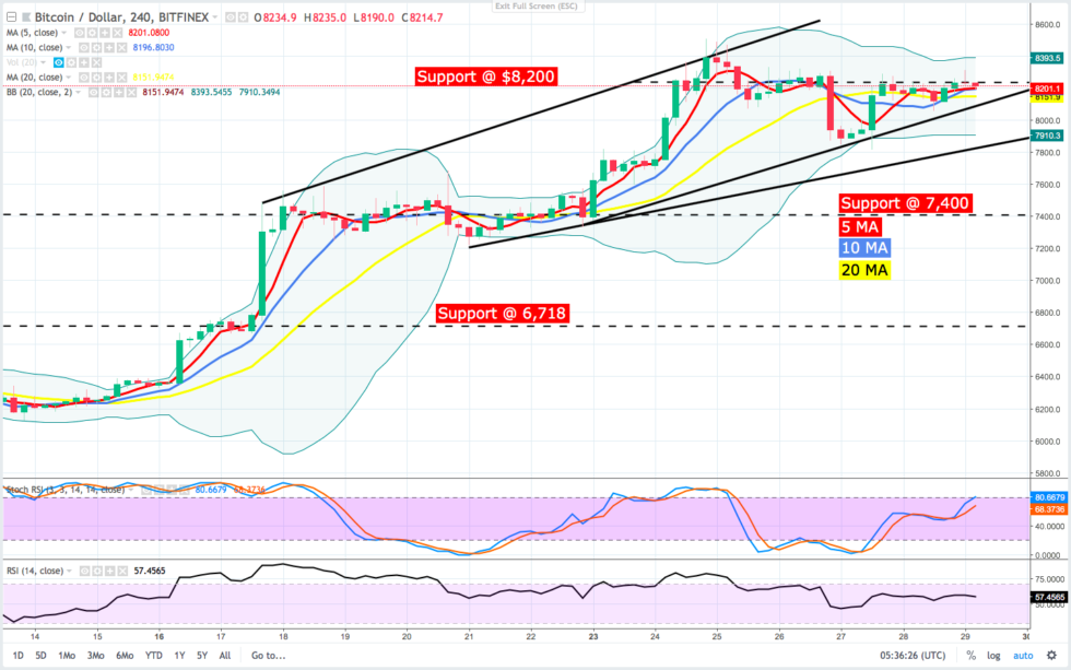 At the time of writing, both the RSI and Stoch are falling towards bearish territory but there is soft support at $7,940 and a sturdier support at $7,750 and $7,400. If BTC feel below the bullish trendline at $7,984 then a revisit to the $7,750 support could occur.