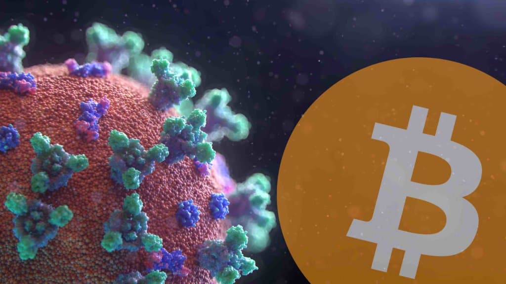 Virus and Bitcoin logo.