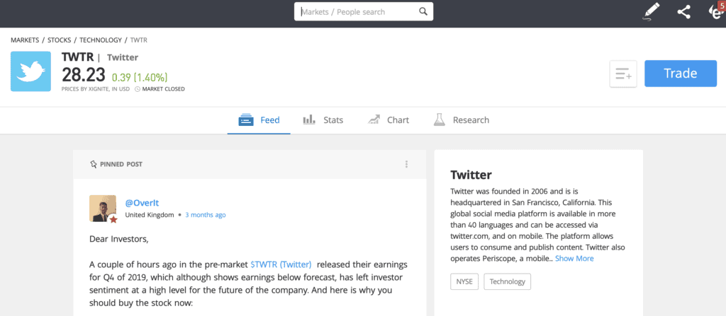 Twitter eToro trade