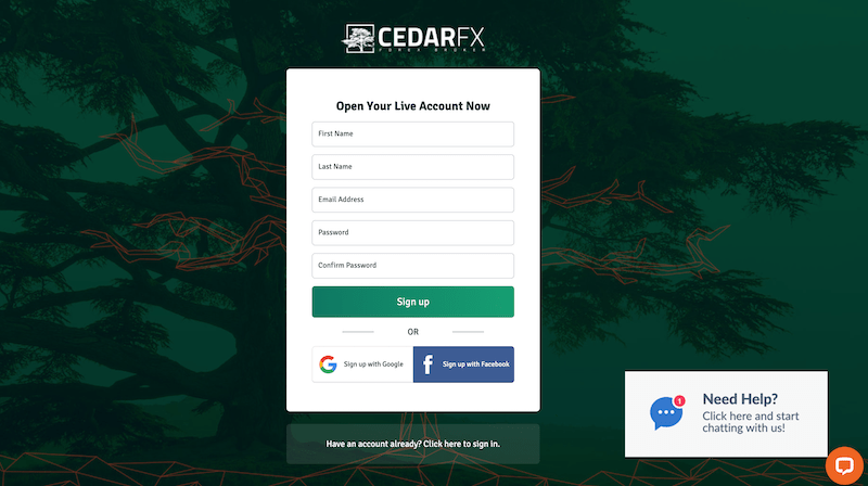 CedarFX sign up process