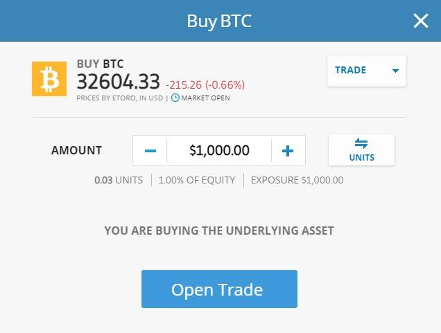 Open a trade on etoro to buy Bitcoin with Paypal