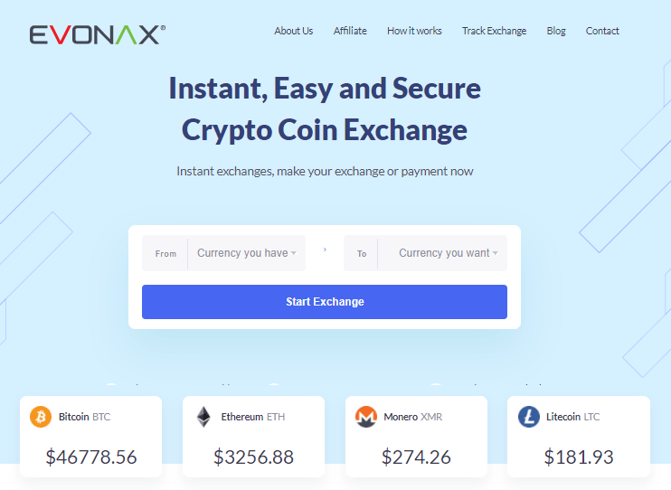 Evonax cryptocurrency exchange homepage