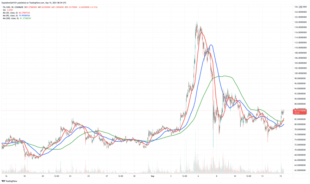 Filecoin (FIL) price chart - top 3 storage cryptocurrency platforms for high returns.