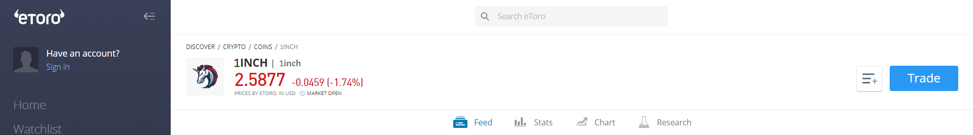 Searching 1Inch on eToro
