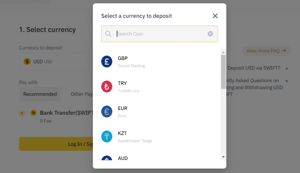 Binance support for currencies