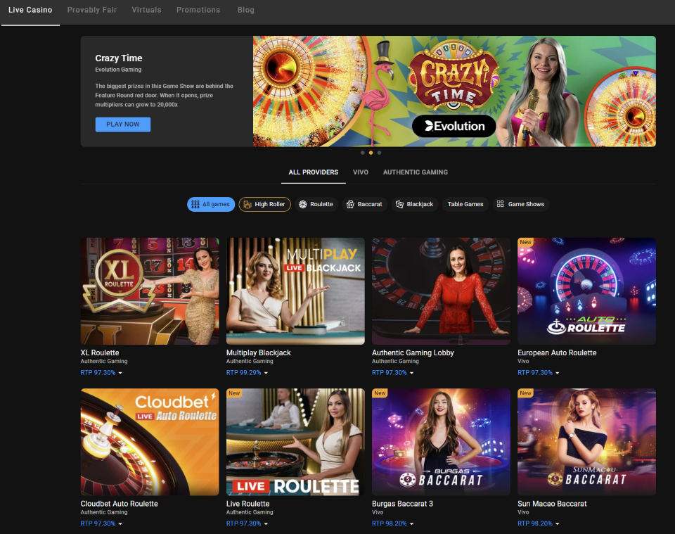 Live Lobby of Cloudbet Casino