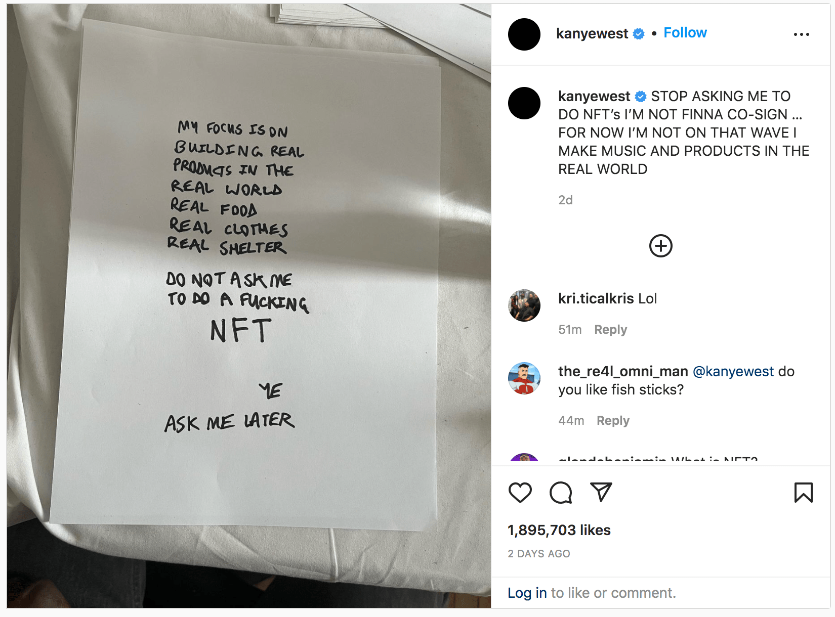 Kanye West NFT Instagram Post