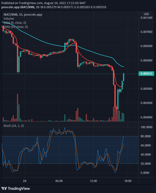 IBAT/USD, having finished the downward correction the coin might likely resume the upside move if the current support at $0.004355 holds, and the price on the 1-hourly chart,
