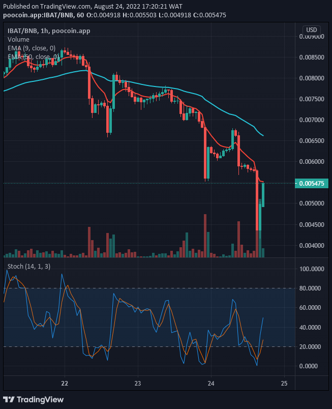 IBAT/USD, having finished the downward correction the coin might likely resume the upside move if the current support at $0.004355 holds, and the price on the 1-hourly chart,