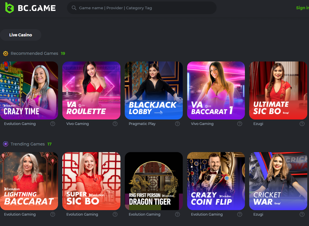 Play BC.Game Casino Live games