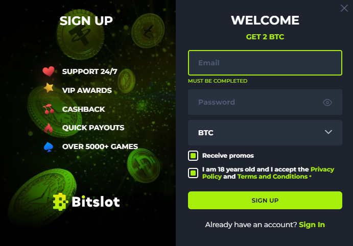 Sign Up on Bitslot