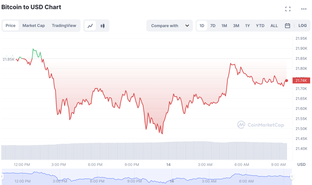 Bitcoin Price At Just Under $22,000