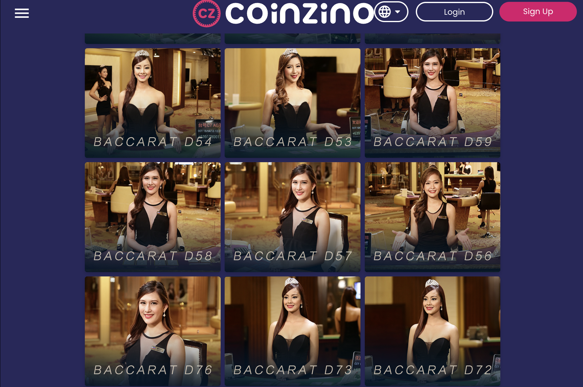 Coinzino Baccarat Live games selection