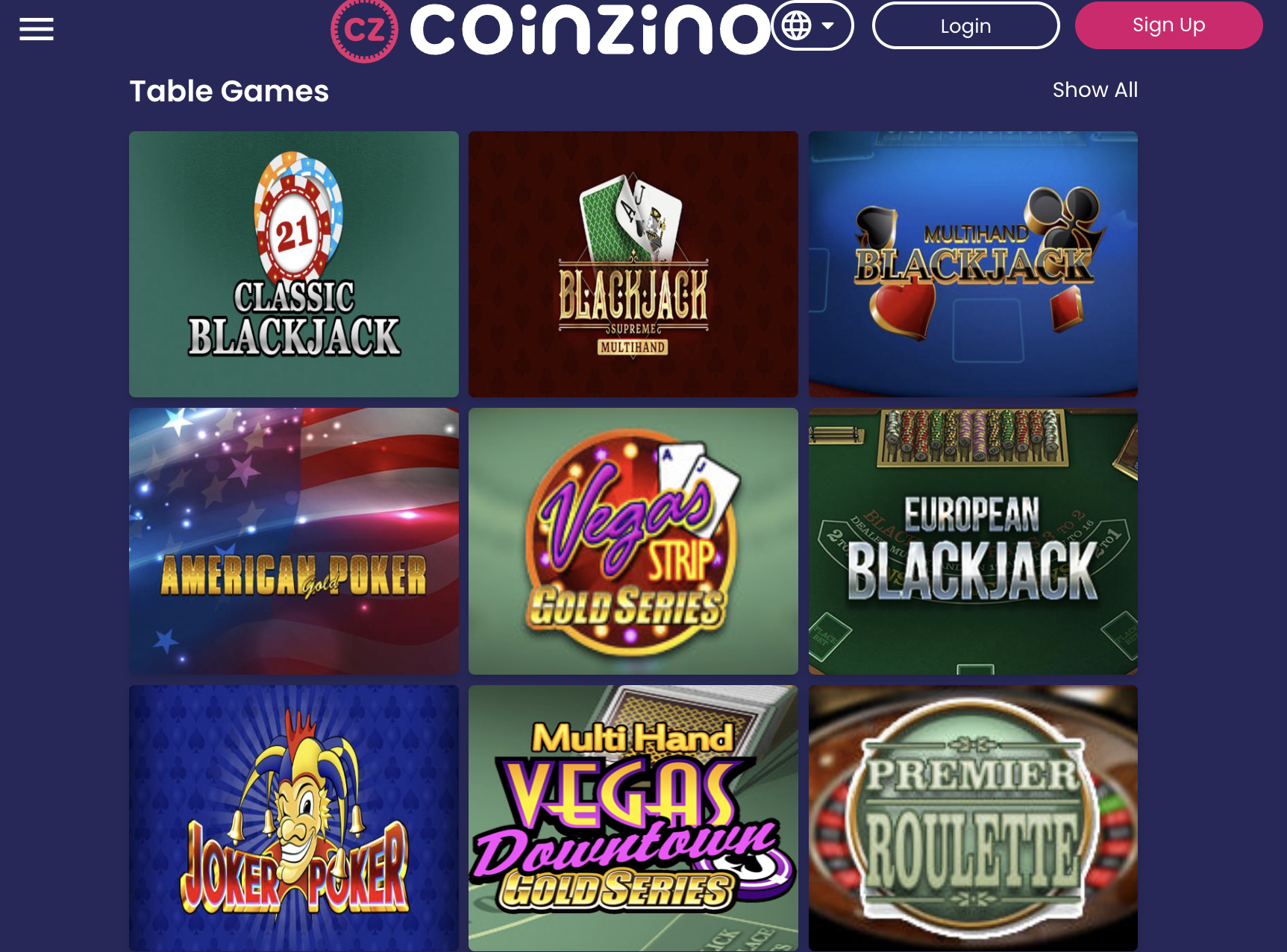 Coinzino Table Games Available