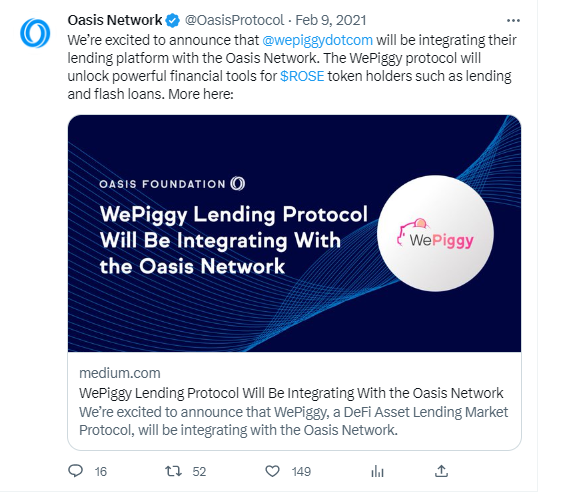 WePiggy, integrated with the Oasis Network in February 2021