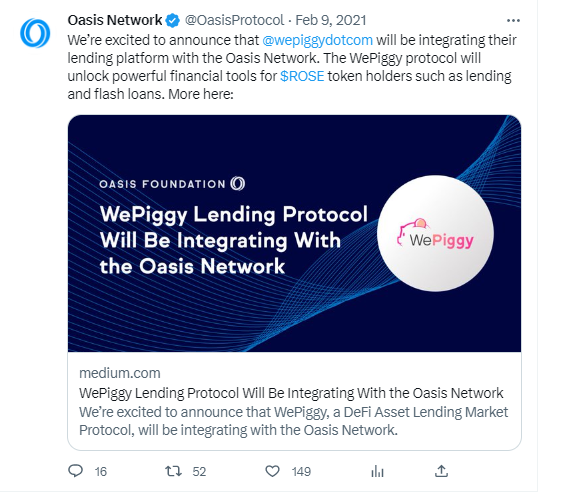 WePiggy, integrado con Oasis Network en febrero de 2021