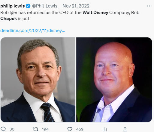 Bob Iger in, Bob Chapek is out 
