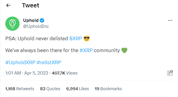 Uphold never delisted XRP