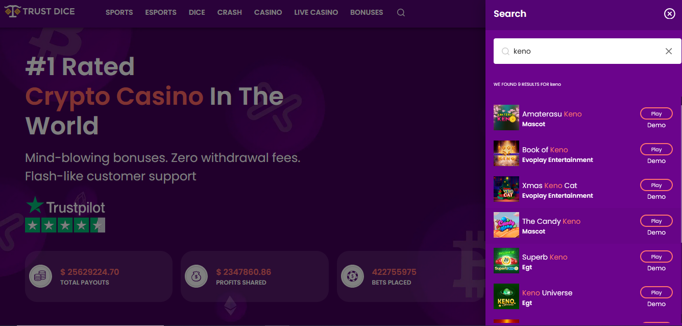TrustDice - online casino with keno