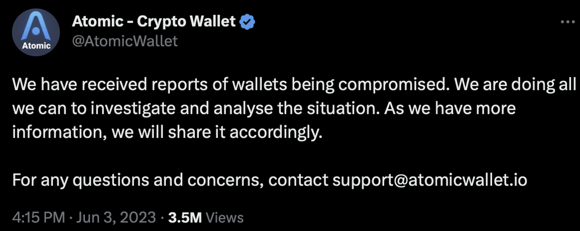 Atomic Wallet Second Communication on Twitter