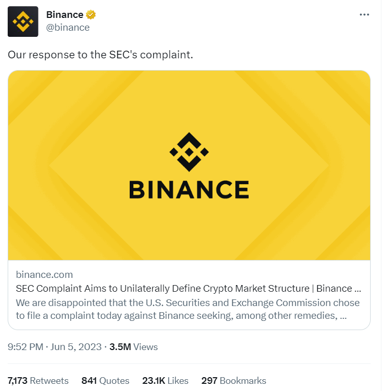 Binance tweet SEC