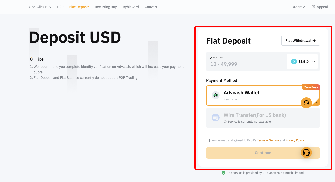 Deposit in USD