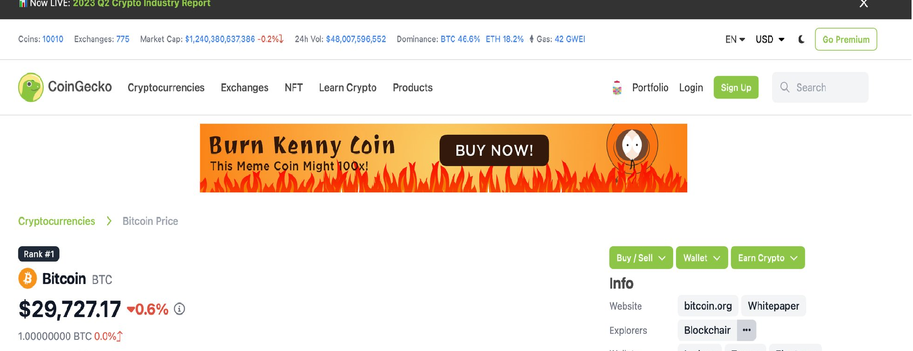 CoinGecko Advertised Burn Kenny