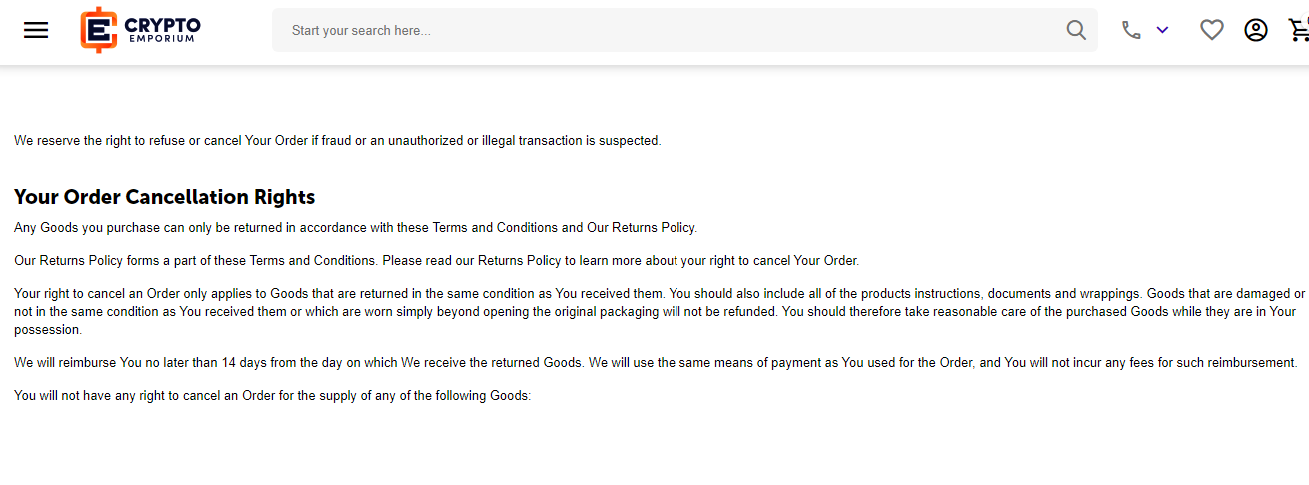 Cancellation of Orders on Crypto Emporium