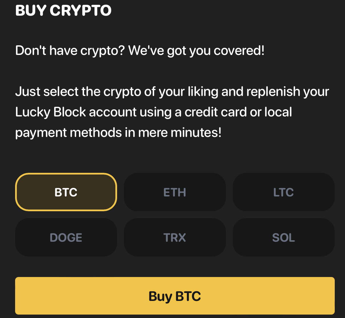 Crypto payment on Lucky Block