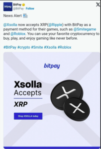 BitPay Tweet about XRP support within Roblox