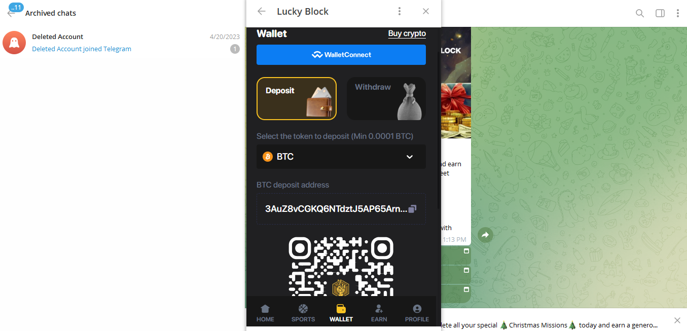Deposit Bitcoin on Lucky Block