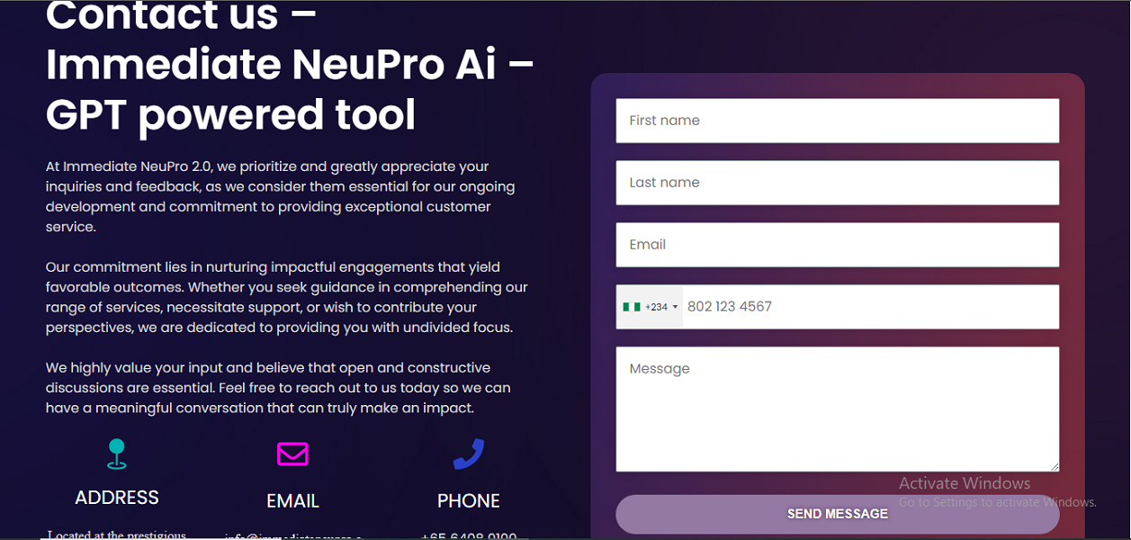 Immediate NeuPro AI Contact page