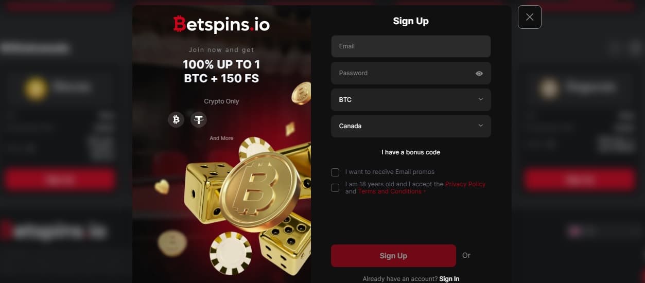 Betspins Registration page