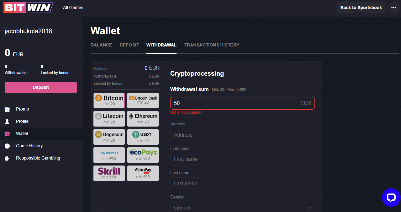 Bitwin Withdrawal Page