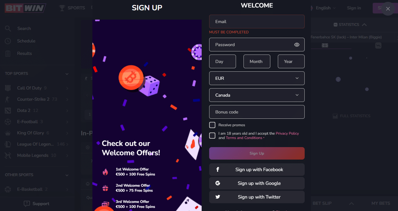 Bitwin Sign-up page
