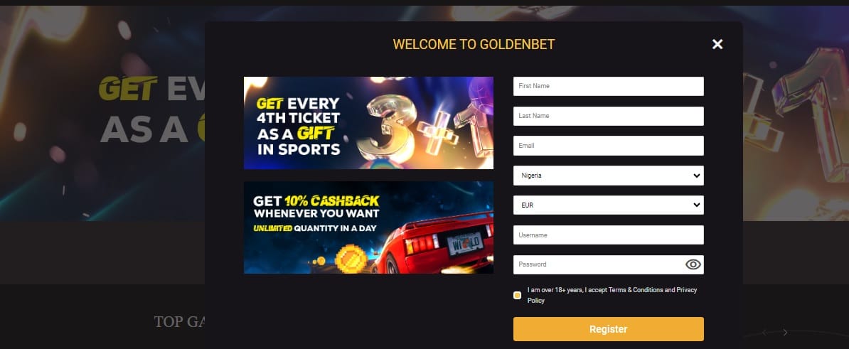 Goldenbet registration page