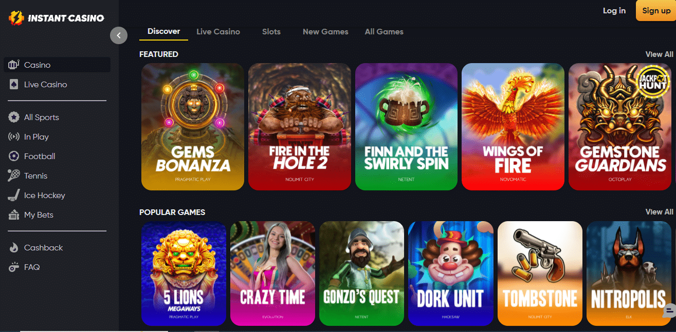 Front page of Instant Casino. Discover featured and popular games