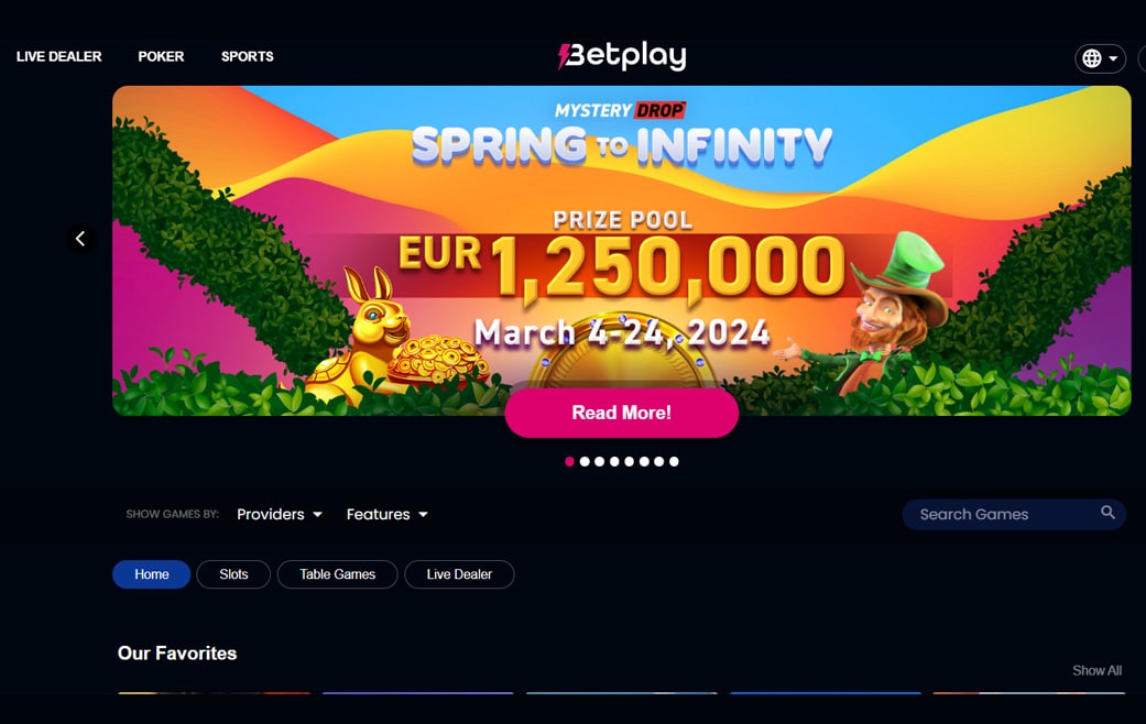 Betplay front page with a banner showing their Spring to Infinity price pool of 1.25 million euros