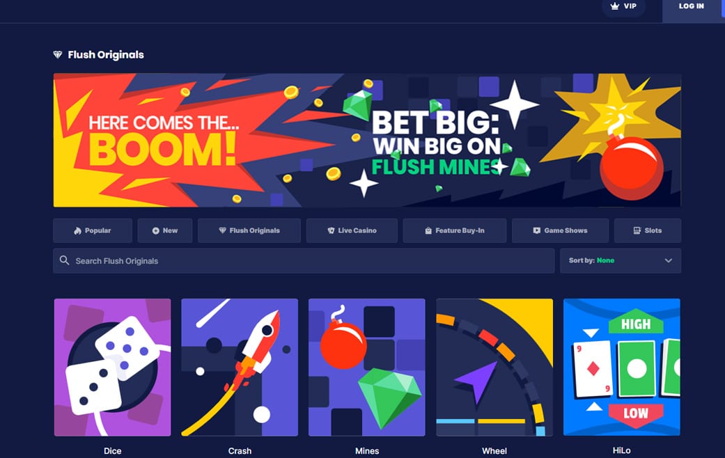 Flash casino front page including games such a mines, dice and crash