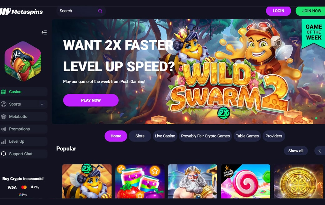 Metaspins frontpage showing their game of the week, Wild Swarm 2