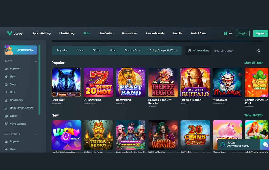 Front page of Vave Casino with new and popular games