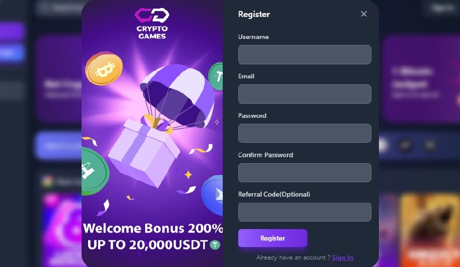 Crypto-Games registration page