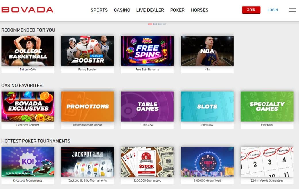 Bovada front page with recommended games, casino favourites and poker tournaments
