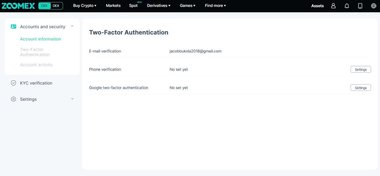 Two-factor authentication on Zoomex