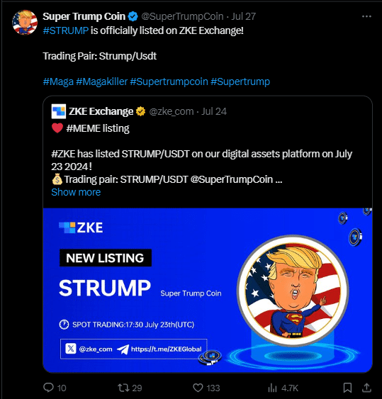 Super trump coin tweet 