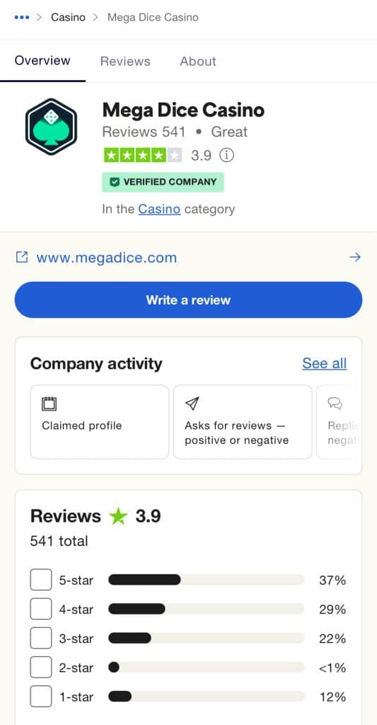 Mega Dice - TrustPilot Review