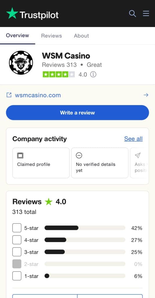 WSM Casino - TrustPilot Review