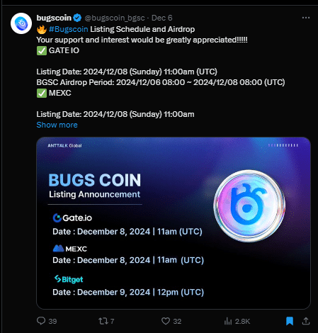 Bugscoin tweet