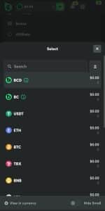 Screenshot of BC.Game crypto payment options.